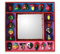 NOVICA Folk Art Wood Ceramic Wall Mounted Mirror, Multicolor, 'Party Of Masks'