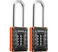 NovLock Long Shackle Combination Padlock, Indoor & Outdoor 4-Digit Lock | Extended Reach, 7 cm Long Shackle, Hardened Steel, Weatherproof, for Lockers, Cabinets, Toolboxes & Sheds, 2-Pack, Orange