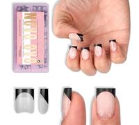 NOVO OVO Black French Tip Half Cover Short Sharp Square False Nail Tips, Shallow Paste Matte Round-Square Pasting Zone for Soft Gel Acrylic Extension, Unisex Wide Press on Fake Nails 16 Sizes 224 Pcs
