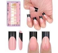 NOVO OVO Black French Tip Nail Tips Press on Medium Sharp Square BABY PINK, Extra Thick NEED Builder Glue Gel & Top Coat, Soft Gel Full Cover False Fake Nail Extension for Salon DIY x 15 Sizes 180 pc