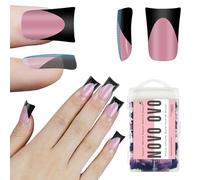 NOVO OVO Black French Tip Short Duck Nail Tips Press on, BERRY PINK Pre-designed Soft Gel Nail Extension, Extra thick Full Cover Matte Vrial False Nails for DIY x 12 Sizes 240 pcs