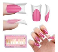 NOVO OVO Duck Nail White French Tips Press On ROSE PINK with Glitter, Full Cover Acrylic with Moon Curve, Medium Thick Pre-Etched Flare Wide Soft Gel False Nail Extension x 15 Sizes 150 pcs