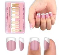 NOVO OVO Extra Short White French Tip Nail Tips, XS XXS Square Round BERRY PINK, for Wide & Short Nail Beds, Thick Full Cover Press on for Women Men, Soft Gel Acrylic Extension kit, 16 Sizes x 224pcs
