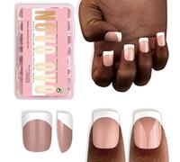 NOVO OVO Extra Short White French Tip Nail Tips, XS XXS Square Round BROWN PINK, for Wide & Short Nail Beds, Thick Full Cover Press on for Women Men, Soft Gel Acrylic Extension kit, 16 Sizes x 224pcs