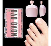 NOVO OVO Fake Toe Nail Tips Press on, French Tip Soft Gel Toenail Extension, BABY PINK Square Round Pre-applied Tip Primer & Base Coat, Full Cover Matte False Nails for DIY x 15 Sizes 360Pcs