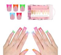 NOVO OVO French Tip Short Duck Nail Tips Press On 5 MIXED COLOR, Pre-designed Soft Gel Nail Extension, Pre-applied Tip Primer & Base Coat, Full Cover Acrylic False Nails for DIY x 12 Sizes 240 pcs