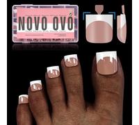 NOVO OVO French Tip Toe Nail Tips Press on, Sharp Square Pre-Designed Soft Gel False Toenail Extension, BROWN PINK Pre-applied Tip Primer & Base Coat, Full Cover Acrylic for DIY x 15 Sizes 240 pcs
