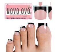 NOVO OVO Halloween Black French Tip Toe Nail Tips Press on, BABY PINK Sharp Square Pre-Designed Soft Gel False Toenail Extension, Medium Wide Fake Toenails, Full Cover Acrylic for DIY 15 Sizes 240 pcs