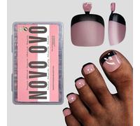 NOVO OVO Halloween Black French Tip Toe Nail Tips Press on, Soft Gel Toenail Extension, BERRY PINK Square Round Pre-applied Tip Primer & Base Coat, Full Cover Matte Nails for DIY x 15 Sizes 360Pcs