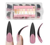NOVO OVO Halloween Black XXL Curved Stiletto Almond French Tip Nail Tips Press on BERRY PINK, Full Cover Extra Thick Acrylic Hawk Curve Fake Extension Kit, No Nail Glue Included, 12 Sizes 144 pcs