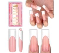 NOVO OVO Long Sharp Square White French Tip Nail Tips Press on BABY PINK, Extra Thick NEED Builder Gel & Top Coat & Glue, Soft Gel full Cover False Fake Nail Extension for Salon DIY x 15 Sizes 180 pc