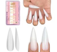 NOVO OVO Long XL Stiletto Nail Tips (Milky White) - Cloud Dancer Pure Color Sharp Pointed Soft Gel Fake Nails, Pre-Colored Full Cover Press Ons for Acrylic Extension, 16 Sizes (224 Pcs)