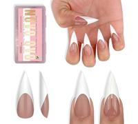 NOVO OVO Medium Long Sharp Stiletto Nail Tips (White French Tip) - Brown Pink Nude Soft Gel Press Ons, Pre-Designed Full Cover Fake Nails for Instant Salon Manicure, 16 Sizes (160 Pcs)