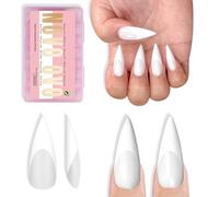 NOVO OVO Medium Long Sharp Stiletto Nail Tips (White French Tip) -Milky White Nude Soft Gel Press Ons, Pre-Designed Full Cover Fake Nails for Instant Salon Manicure, 16 Sizes (160 Pcs)
