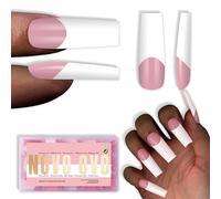NOVO OVO Old School Retro French Tip Nails Wide White Tips Press on, Long Tapered Square BERRY PINK, Extra Thick Soft Gel Fake Acrylic Extension, Need Builder Gel Top Coat & Glue, 15 Sizes 240 pcs