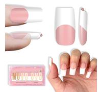 NOVO OVO Old School Retro French Tips Nails Press on, Medium Length Tapered Square BABY PINK, Extra Thick Soft Gel Fake Acrylic Extension, Need Builder Gel, Top Coat, Glue 15 Sizes 240 pcs