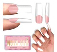 NOVO OVO Old School Wide White French Tip Nail Tips Press on, Long Tapered Square BABY PINK, Extra Thick Soft Gel Fake Acrylic Extension, Need Builder Gel Top Coat & Glue, 15 Sizes 240 pcs