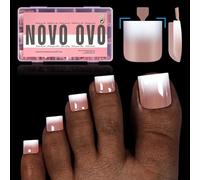 NOVO OVO Ombre French Tip Press on Toe Nail Tips, Sharp Square Pre-Designed Soft Gel False Toenail Extension, BROWN PINK Pre-applied Tip Primer & Base Coat, Full Cover Acrylic DIY x 15 Sizes 240 pcs
