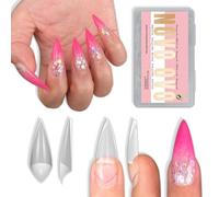 NOVO OVO Sharp Stiletto Soft Gel Nail Tips Half Cover, Extra Thick V Shape Shallow Paste Flase Nails Press on, Matte Base Clear Pointed Fake Nail Acrylic Extension for Salon DIY x 16 Sizes 224pcs