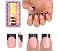 NOVO OVO Short Sharp Square Black French Tip Nail Tips Press on BABY PINK, Extra Thick NEED Nail Glue Builder Gel Top Coat, Soft Gel Full Cover Fake Flase Nail Extension for DIY x 15 Sizes 240 pcs