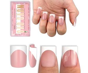 NOVO OVO Short Sharp Square White French Tip Nail Tips Press on BABY PINK, Need Builder Gel Top Coat Nail Glue, Soft Gel Fake Nail Extension, Full Cover False Nails for Salon DIY x 15 Sizes 240 pcs