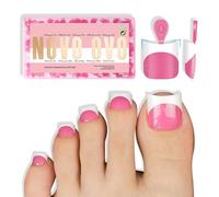 NOVO OVO Short Toe Nail Tips White French Tip Press on with Moon Curve, ROSE PINK Thick Sharp Square Toenail Extension, Soft Gel False Nail Kit, Need Glue Builder Gel Top Coat x15 Sizes 240 pcs