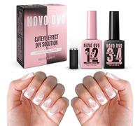 NOVO OVO UV Nail Glue (also work as Builder Gel) and Top Coat (with Cat Eye effect) Kit, HEMA TPO FREE, Super Strong Adhesive for Press on Acrylic Nails, CatEye Gel Glitter Polish, Magnet Included