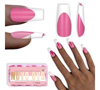 NOVO OVO White French Tip Coffin Nail Tips Press on, ROSE PINK, Extra Thick Medium Soft Gel Fake Nail Acrylic Extension, Need Builder Gel Top Coat, No Glue Included, for Salon DIY 15 Sizes x 240 pcs