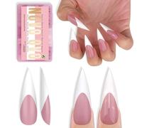 NOVO OVO White French Tip Long XL Sharp Stiletto Nail Tips Press on BERRY PINK, Extra Thick Soft Gel Double Matte Fake Nail Extension, Full Cover False Nails for Acrylic DIY x 16 Sizes 160 pcs