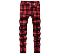 NOVOCCT Plaid Pants for Men - Skinny Mens Dress Pants - Stretch Slim Fit Business Casual Dress Chinos for Men, Black Red Plaid, 30