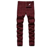 NOVOCCT Mens Dress Pants - Slim Fit Mens Casual Pants - Flat Front Stretch Skinny Business Casual Dress Chinos Pants for Men, Wine Red Plaid, 32
