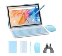 NOVOJOY 2 in 1 Tablet 10 Inch Android 14 OS Tableta, Tablets with Keyboard, Mouse, Case, Stylus, 64GB ROM+8GB RAM, 2MP+8MP Dual Camera, Quad Core Processor, 6000mAh Battery, 10.1 in FHD Tab Blue