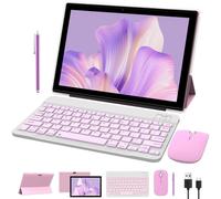 NOVOJOY 2 in 1 Tablet 10 Inch Android 15 Tableta, Tablets with Keyboard, Mouse, Case, Stylus, 32GB ROM+8GB RAM, 2MP+8MP Dual Camera, Quad Core Processor, 6000mAh Battery, 10.1 in FHD Tab Pink