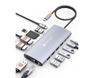 NOVOO Triple Display Docking Station, 14 in 1 USB C to Dual HDMI 4K 60Hz Adapter with DP 8K@30Hz, 6 Ports USB C/A PD 100W RJ45 SD/TF 3.5mm Audio for MacBook/Dell/HP