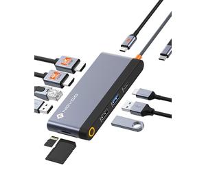 NOVOO USB C Hub 10 in 1 Type C Multiport Adapter, USB C Docking Station with Dual HDMI 4K, Gigabit Ethernet, PD 100W, 3*USB-A&USB-C 3.0, SD/TF Card Reader for MacBook Pro/Air/Dell/HP