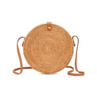 Novum Crafts Round Rattan Bag for Women - Handmade Ata Wicker Woven Purse - Circle, Square, Oval Brown Straw Boho Bags, Brown Big, Diameter: 9 3/4” (25 cm)