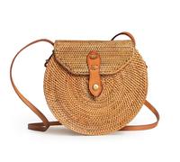 Novum Crafts Round Rattan Bag for Women - Handmade Ata Wicker Woven Purse - Circle, Square, Oval Brown Straw Boho Bags