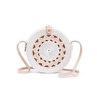 Novum Crafts Round Rattan Bag for Women - Handmade Straw Bags - Wicker Purse - Brown White Circle Crossbody Boho Bags, White Pattern, Diameter: 7 3/4” (20 cm)