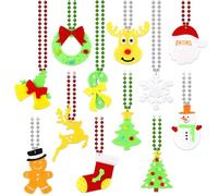 NOVWANG 12Pcs Christmas Bead Necklaces, Red Green Silver Beads Necklaces Glow in the Dark Necklaces With Cute Xmas tree Snowman Santa Claus Gingbread man Pendants Candy Cane