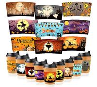 NOVWANG 54pcs Halloween Coffee Cup Sleeves, Funny Disposable Cup Paper Jacket Coffee Cup Sleeves for 12oz and 16oz Cups Halloween Hot Drinks Chocolate Cold Beverage（9 Designs）