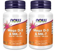 Now Foods, Mega D-3 & MK-7, Vitamin D3 and K2, Depot, Every 5 Days 1 Capsule, High Dose, 60 Capsules, Gluten Free, Non GMO (Pack of 2)