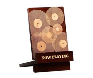 Now playing record stand, playing now a record holder - Classic wooden disc stand stand,Rack for s albums, with engraved design, extended base, so that you can store your album