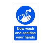 Now wash and sanitise your hands - Food Preparation/Safety/Wash Hands/Clean/Kitchen - High tack self-adhesive sticker (150mm x 100mm) Viewing Distance within 3m.