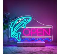 NOXET Fish Shop Open Neon Sign with Remote Control and USB, Pink and Blue LED Neon Sign for Fish Shop, Supermarket, Fresh Market