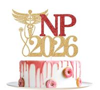 NP 2026 Cake Topper, NP Graduation Decorations, Nursing School Survivor, Congrats Nurse, 2026 Medical Nursing School Graduation Party Decorations (Gold and Red Glitter)
