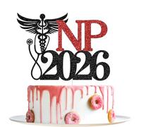 NP 2026 Cake Topper, NP Graduation Decorations, Nursing School Survivor, Congrats Nurse, 2026 Medical Nursing School Graduation Party Decorations (Black and Red Glitter)