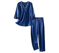 NP pcs Women Pajama Sets Satin Silk Three Quarter Sleeve Nightwear, Deep Blue, Medium
