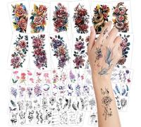 Npcswxq 69Sheets Watercolor 3D Rose Peony Flower Temporary Tattoos For Women Men Adults, Realistic Floral Blossom Waterproof butterfly Fake tattoos for Body Art Arm Neck Hands