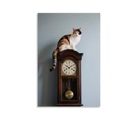 NPEJLCIGH A Calico Cat Squats on Top of An Old Grandfather Clock, Tail Draped over The Pendulum, Hands Pointing to Midnight Modern Hanging Wall Decor - Artistic Mural Print20x30inch(50x75cm)