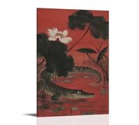 NPEJLCIGH A Crocodile Lurking at The Bottom of A Red Lotus Pond, Only Eyes And Back Scales Exposed, Petals Floating on The Water Modern Hanging Wall Decor - Artistic Mural Print24x36inch(60x90cm)